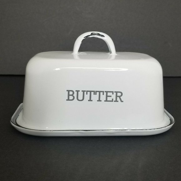 unmarked Other - New Country Kitchen Vintage Style White Enamel Covered Butter Dish w Lid